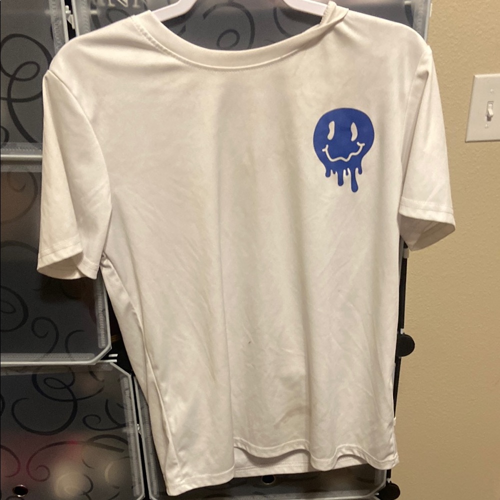 White and Blue Short Sleeve Tee with Graphic Design